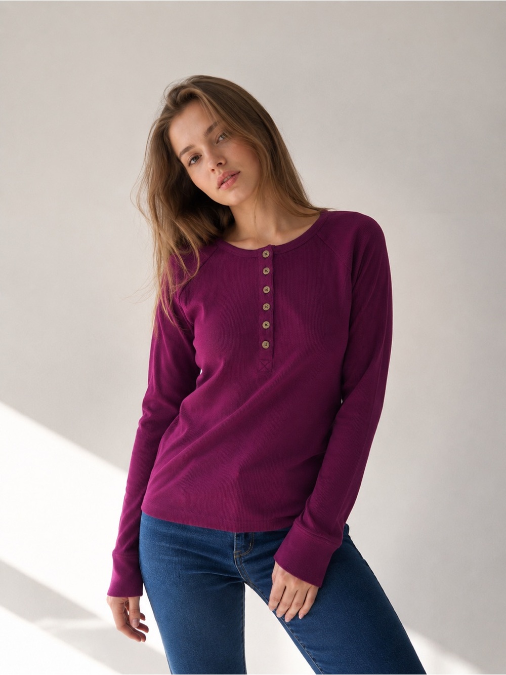 Christopher & Banks Plum Button-Front Henley Long-Sleeve Top